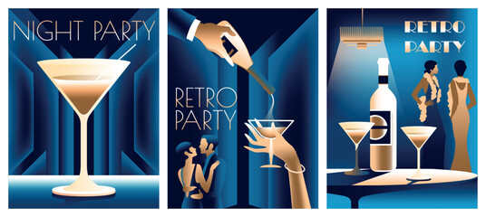 Set of 3 retro party invitation cards. Couple at a party in the style of the early 20th century. Pretty girls and bottle of wine and wineglasses. Handmade drawing vector illustration. Art Deco style.