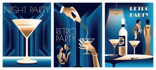 Set of 3 retro party invitation cards. Couple at a party in the style of the early 20th century. Pretty girls and bottle of wine and wineglasses. Handmade drawing vector illustration. Art Deco style. © alaver