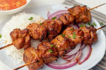 Overhead view of meat kebab on a plate with rice and onion