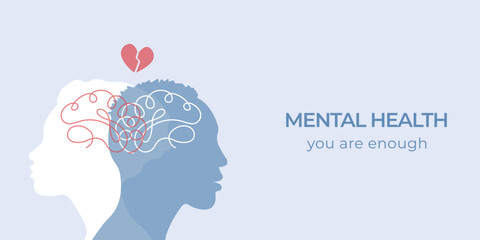 Mental Health banner.Concept of psychotherapy.Mental health problems and emotional burnout. Vector illustration.