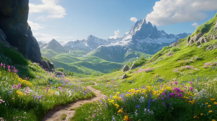 Captivating alpine landscape with lush mountains and vibrant wildflowers