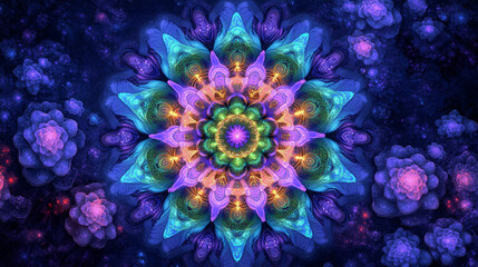 Obraz premium Intricate Symmetrical Neon Fractal Design Showcasing Vibrant Colors in a Mesmerizing Digital Pattern Suitable for Decorative Banners