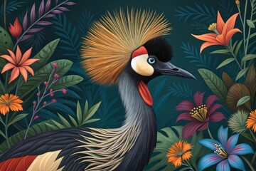 Fototapeta premium Portrait of a grey crowned crane bird surrounded by vibrant flora in a colorful setting