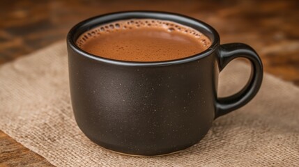 Fototapeta premium Rich dairy-free hot chocolate in a black ceramic cup on a minimal backdrop
