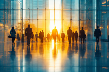 Blurred business office interior with team meeting and city view at sunset