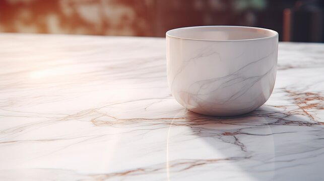 A photo of an empty ceramic cup on a marble countertop.