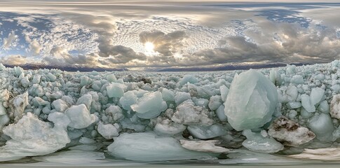 The woman is positioned in the blue ice hummocks of Baikal during sunset, within a 360 180 degrees spherical vr panorama