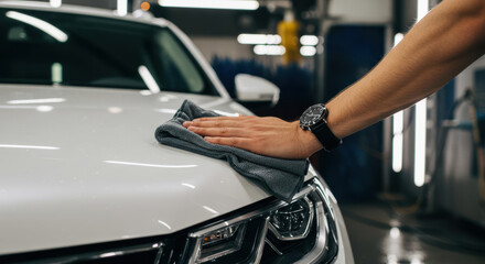 A person is gently wiping a shiny white car with a microfiber cloth in a well-lit automotive detailing shop. The activity showcases car care and attention to detail