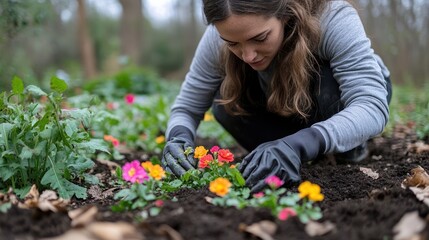Woman planting flowers in garden