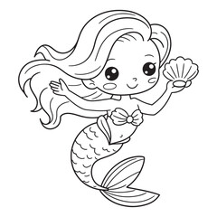 Cute Cartoon Mermaid Holding Shell and Swimming for Kids (Black and White)