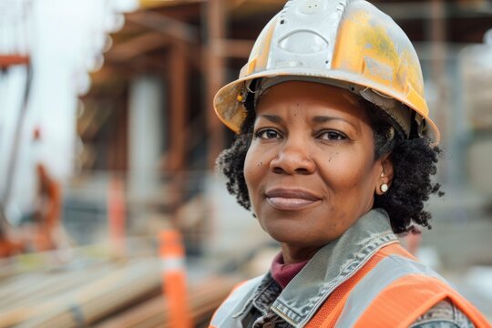Portrait of a middle aged African American female construction worker at site