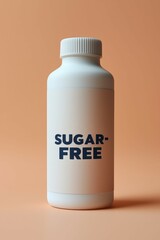 Modern white beverage bottle with sugar-free label against pastel peach background