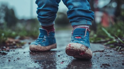 Muddy Blue Sneakers Childrens Feet Walking Outdoors Rainy Day Toddler Shoes Kids Footwear Wet Ground Little Feet Playful Childhood Moments Happy Child