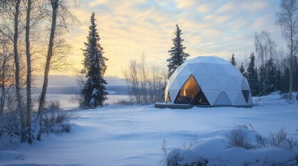 Winter Wonderland Geodesic Dome Home with Snow Covered Landscape