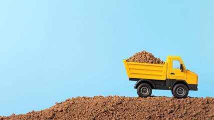 Obraz premium Construction action with a yellow dump truck outdoor site toy photography clear sky side view playful concept