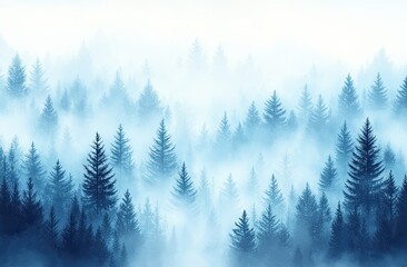 The illustration depicts a mystical blue forest with fir or pine trees obscured by mist, set against a white background, perfect for Christmas designs in winter