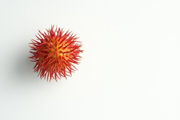 A detailed close up view of a spiky reddish fruit