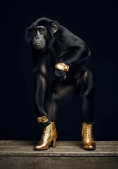 Fototapeta premium Monkey wearing golden high-heeled shoes and bracelets stands confidently on stage
