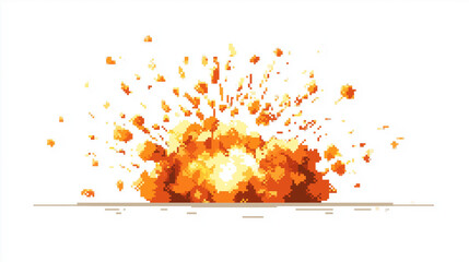 A pixelated 8-bit explosion effect with bright orange and yellow burst isolated on a white background