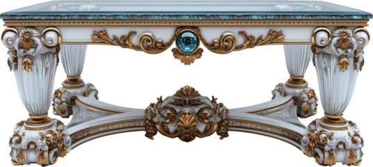 A rectangular glass table with four legs, exquisite decoration and embellishment on the top of each leg, transparent background PNG file.