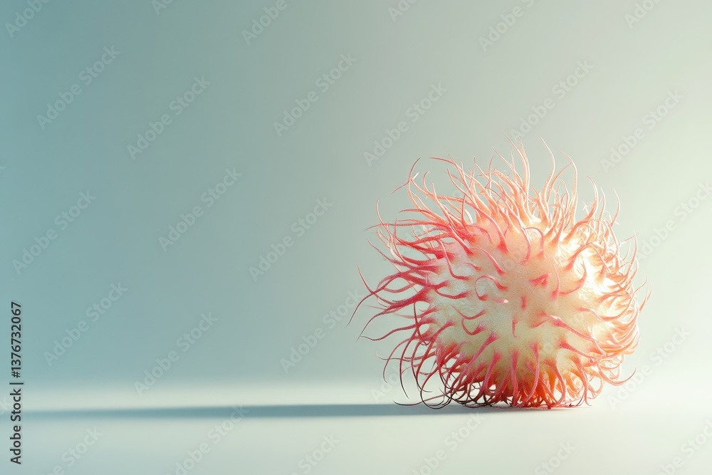 Poster a singular spherical object with spiky tendrils on a light background