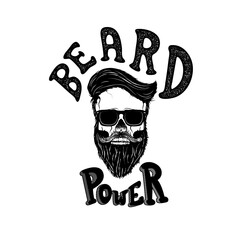 Beard power. Human skull with beard in sun glasses. T-shirt print design template. Vector illustration.