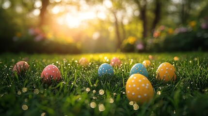 A serene early morning scene featuring colorful Easter eggs scattered across a lush green lawn in a blooming garden, with soft sunlight filtering through trees.