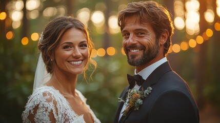 Captivating moment of a newlywed couple smiling elegantly amidst a serene forest setting with warm glowing lights in the background
