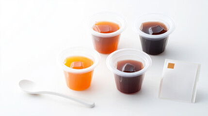 Assorted japanese coffee jelly packs on white background for dessert inspiration
