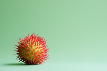 A colorful spiky seed pod sits on a green background