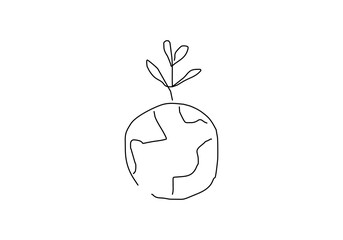 line art illustration representing a hand holding a leaf and Earth