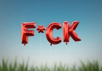 Red balloon letters spelling a playful expletive against a blue sky
