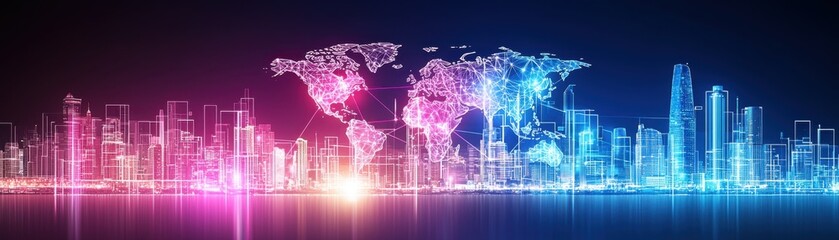 Fototapeta premium Futuristic business employee well-being in a city skyline infographic with abstract world map concept