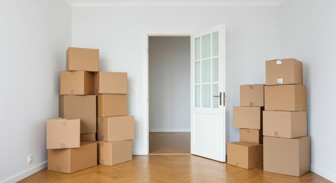 Moving day setup with stacked cardboard boxes in a clean, empty room