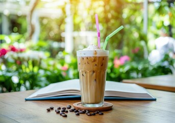 Iced coffee drink with whipped cream and colorful straws in a garden setting