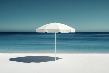 White umbrella on pristine beach with clear blue sky and calm ocean
