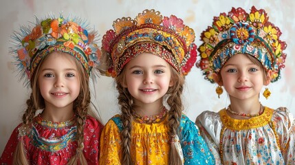 Three cheerful young girls wearing colorful traditional costumes and ornate headdresses, displaying cultural heritage and joy.