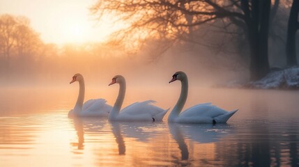 Naklejka premium Three graceful swans swim on a calm lake at sunrise, mist swirling around them, creating a serene winter scene.
