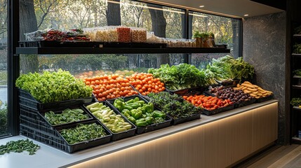 Fresh produce displayed in a modern grocery store, showcasing a variety of colorful vegetables and leafy greens.