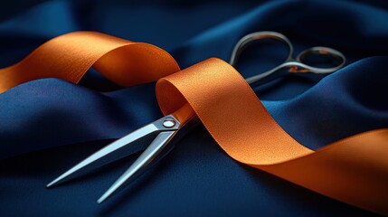 Silver scissors poised to cut an orange ribbon on dark blue satin fabric.