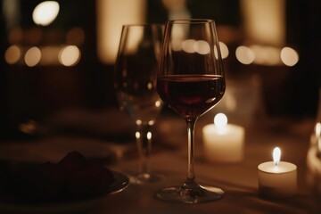 Glasses of red wine stand on table with burning candles during romantic dinner in restaurant, creating intimate and cozy atmosphere