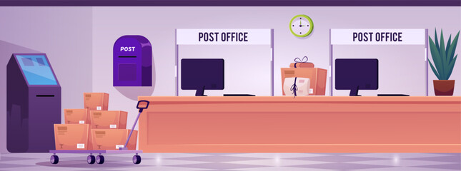 Post office interior flat vector, cart with boxes, computer, mailbox, self-service computer, parcels, delivery service