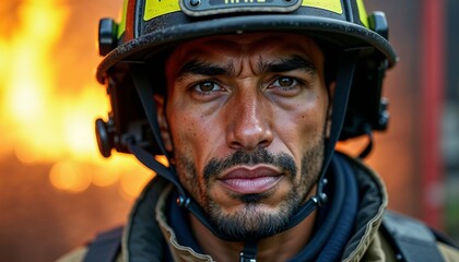 Obraz premium Serious firefighter in helmet standing in front of a fire background