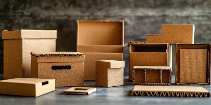 Eco-friendly packaging prototypes made of brown cardboard boxes and containers on a neutral white background.