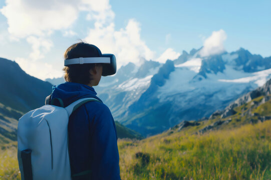 Hiker wearing virtual reality headset is enjoying a simulated hiking experience through a remote mountain range