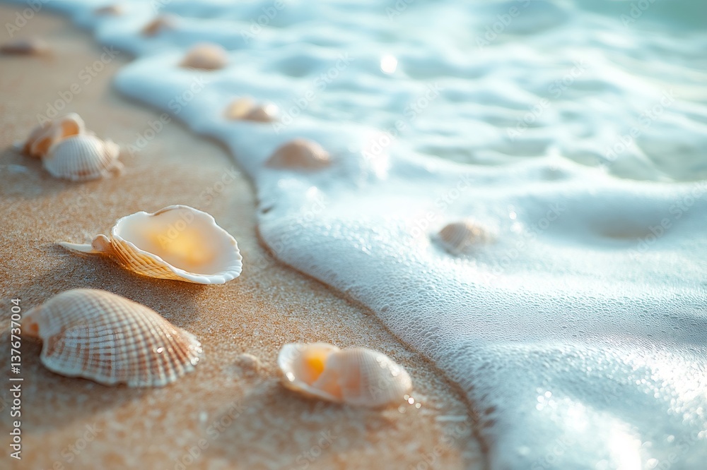 Aufkleber close up view of seashells resting on wet sand, with gentle waves lapping nearby, creating a tranqui