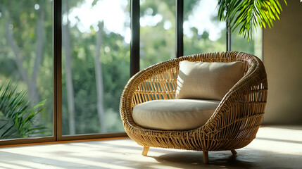 Comfortable wicker chair near window, natural light and greenery for serene and relaxing interior design.