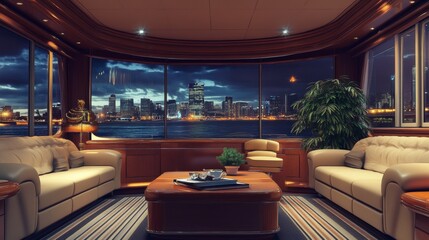Luxury yacht interior with large windows and seating