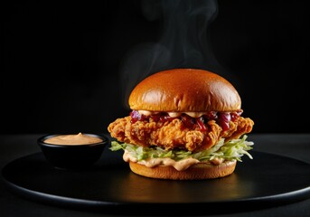Delicious fried chicken sandwich with fresh lettuce and creamy sauce