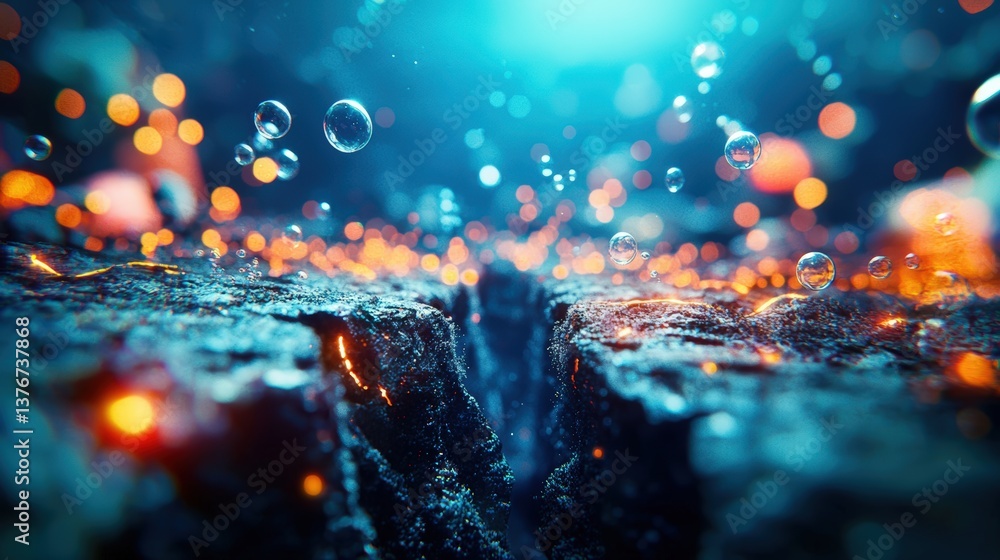Aufkleber a vibrant close-up of water droplets splashing over a textured surface, illuminated by colorful boke